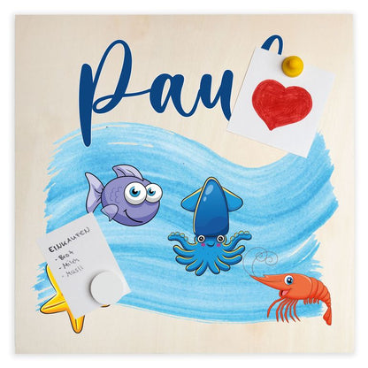 Namenstafel Holz-Magnetboard Holztafel Pinnwand - Inkl. 3 Magnete Motiv: Meerestiere