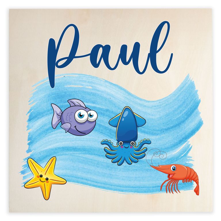 Namenstafel Holz-Magnetboard Holztafel Pinnwand - Inkl. 3 Magnete Motiv: Meerestiere