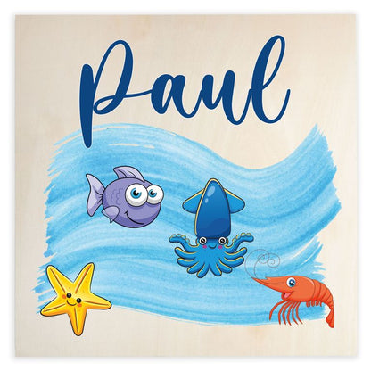 Namenstafel Holz-Magnetboard Holztafel Pinnwand - Inkl. 3 Magnete Motiv: Meerestiere