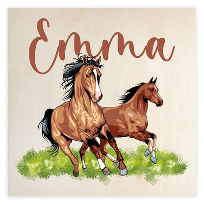 Namenstafel Holz-Magnetboard Holztafel Pinnwand - Inkl. 3 Magnete Motiv: Pferde