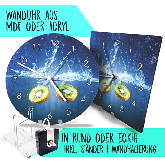 Hochwertige 30cm-Uhren Made in Alzenau Lautlose Uhr MDF Acryl Motiv Kiwi im Wasser