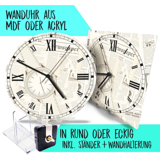 Hochwertige 30cm-Uhren Made in Alzenau Lautlose Uhr MDF Acryl Motiv Old Zeitung