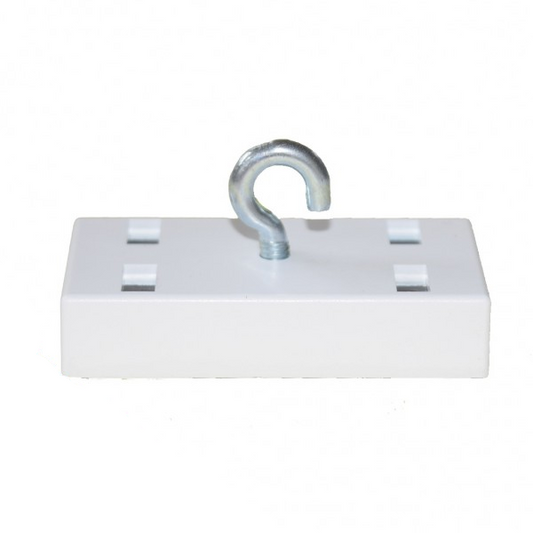 Leistenmagnet 53 x 27 mm Ferrit mit Haken, weiß - hält 18 kg