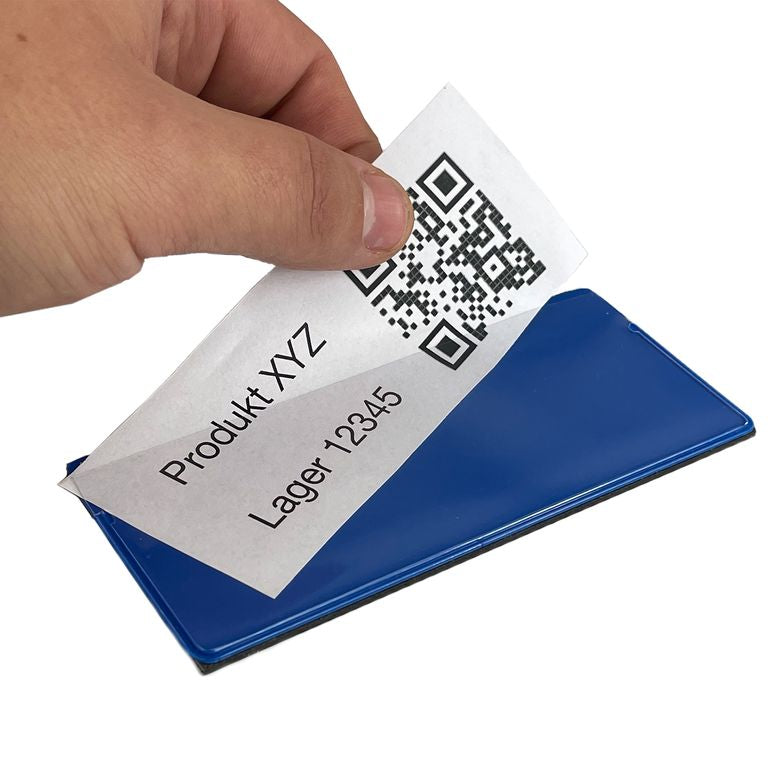 Magnettasche 50x110mm Blau für Lager Etiketten QR Code mit vollfächigem Magnetrücken