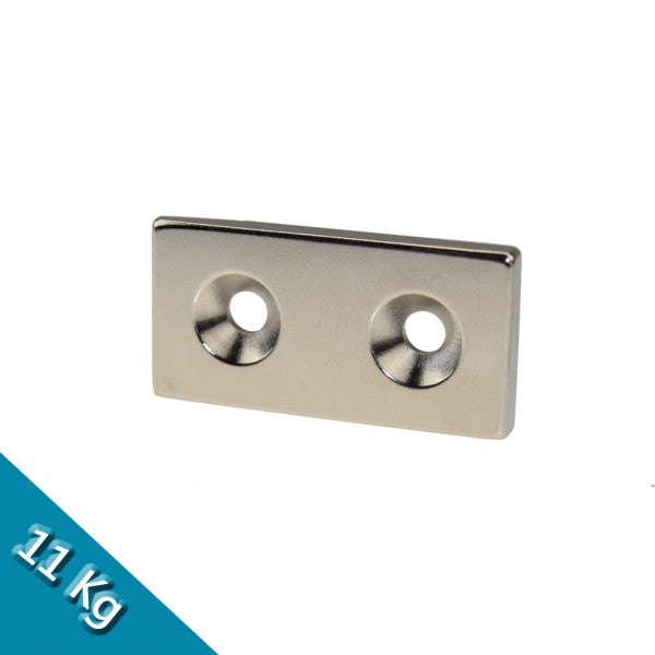 Quadermagnet 40,0 x 20,0 x 4,0 mm N35 Nickel mit 2 Senklöcher