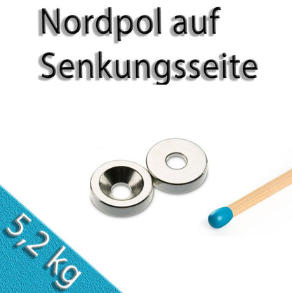 Ringmagnet Ø 20,0 x 6,4 x 5,0 mm N35H Nickel mit Senkung Nord