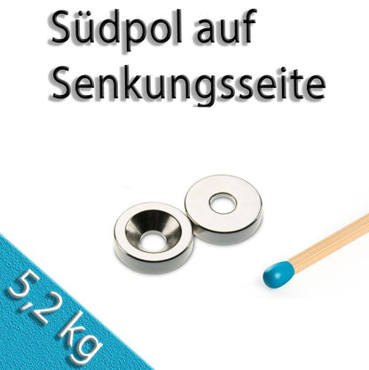 Ringmagnet Ø 20,0 x 6,4 x 5,0 mm N35H Nickel mit Senkung Süd