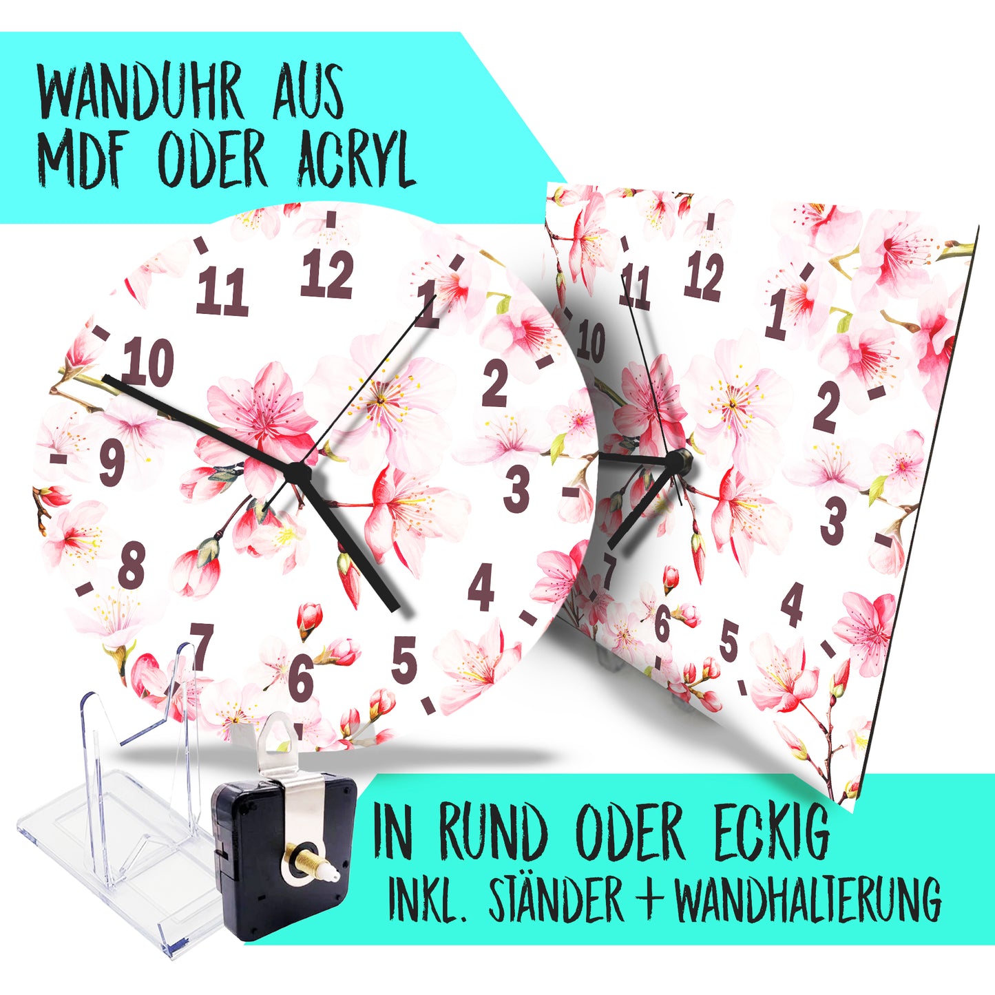 Hochwertige 30cm-Uhren Made in Alzenau Lautlose Uhr MDF Acryl Motiv Blossom