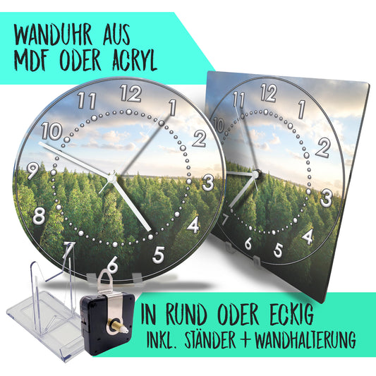 Hochwertige 30cm-Uhren Made in Alzenau Lautlose Uhr MDF Acryl Motiv Wald