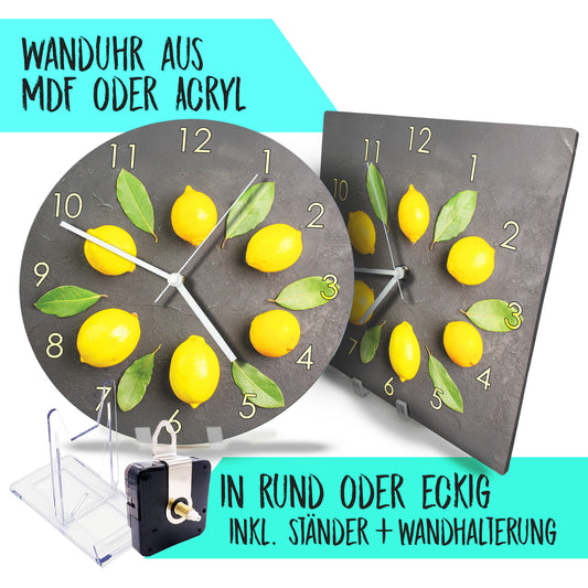 Hochwertige 30cm-Uhren Made in Alzenau Lautlose Uhr MDF Acryl Motiv Zitronenkranz