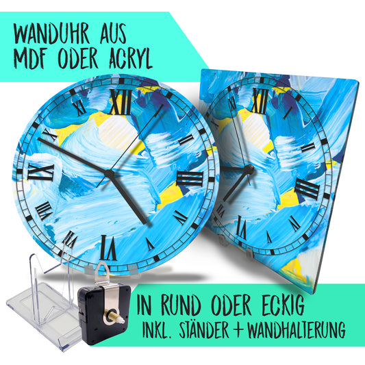 Hochwertige 30cm-Uhren Made in Alzenau Lautlose Uhr MDF Acryl Motiv Blue Malerei