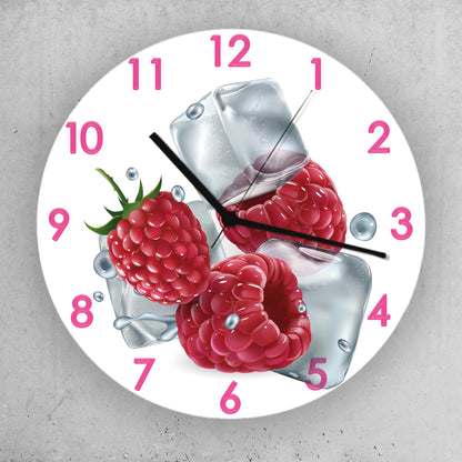 Hochwertige 30cm-Uhren Made in Alzenau Lautlose Uhr MDF Acryl Motiv Himbeere auf Eis