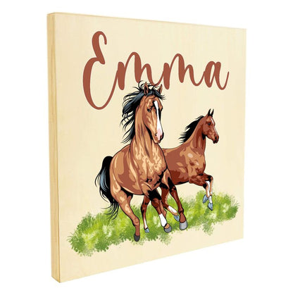 Namenstafel Holz-Magnetboard Holztafel Pinnwand - Inkl. 3 Magnete Motiv: Pferde