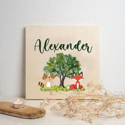 Namenstafel Holz-Magnetboard Holztafel Pinnwand - Inkl. 3 Magnete Motiv: Tiere im Wald