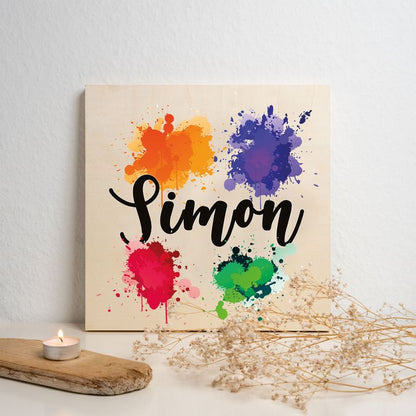 Namenstafel Holz-Magnetboard Holztafel Pinnwand - Inkl. 3 Magnete Motiv: Farbkleckse