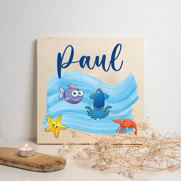 Namenstafel Holz-Magnetboard Holztafel Pinnwand - Inkl. 3 Magnete Motiv: Meerestiere