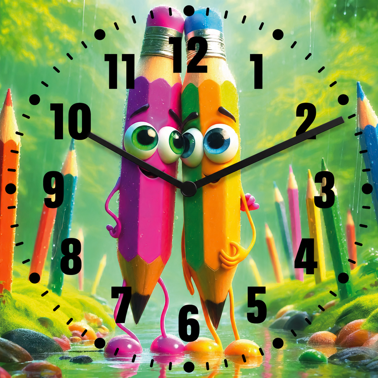 Hochwertige 30cm-Uhren Made in Alzenau Lautlose Uhr MDF Acryl Motiv Bunte Freundschaft