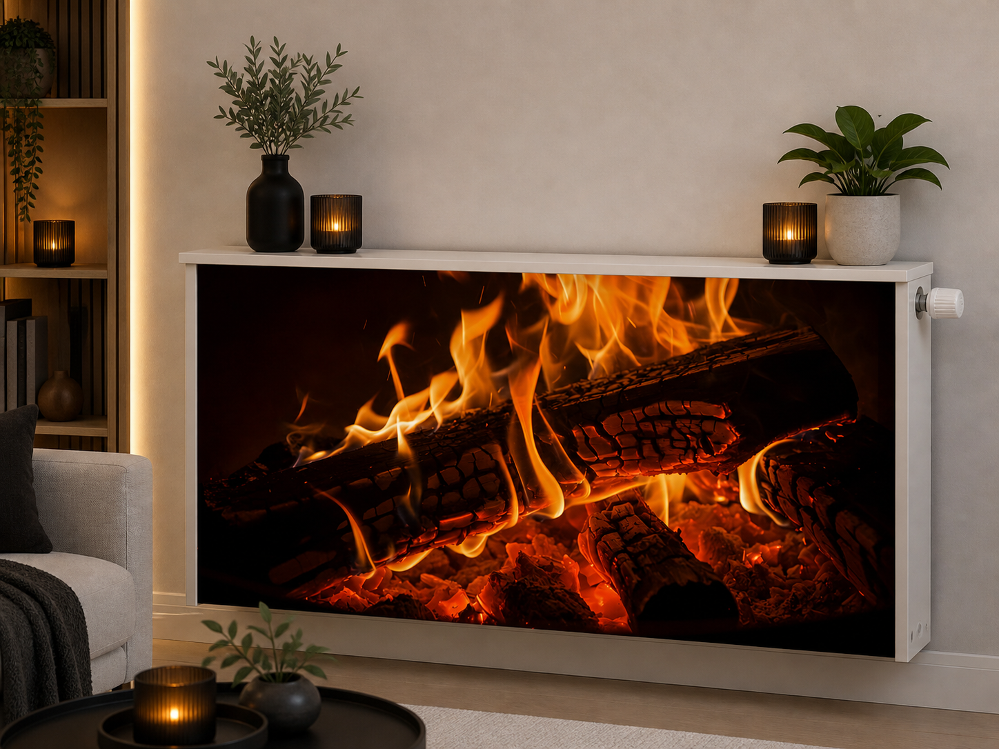 Magnetische Heizkörperverkleidung – Motiv Feuerromantik im Wohnraum