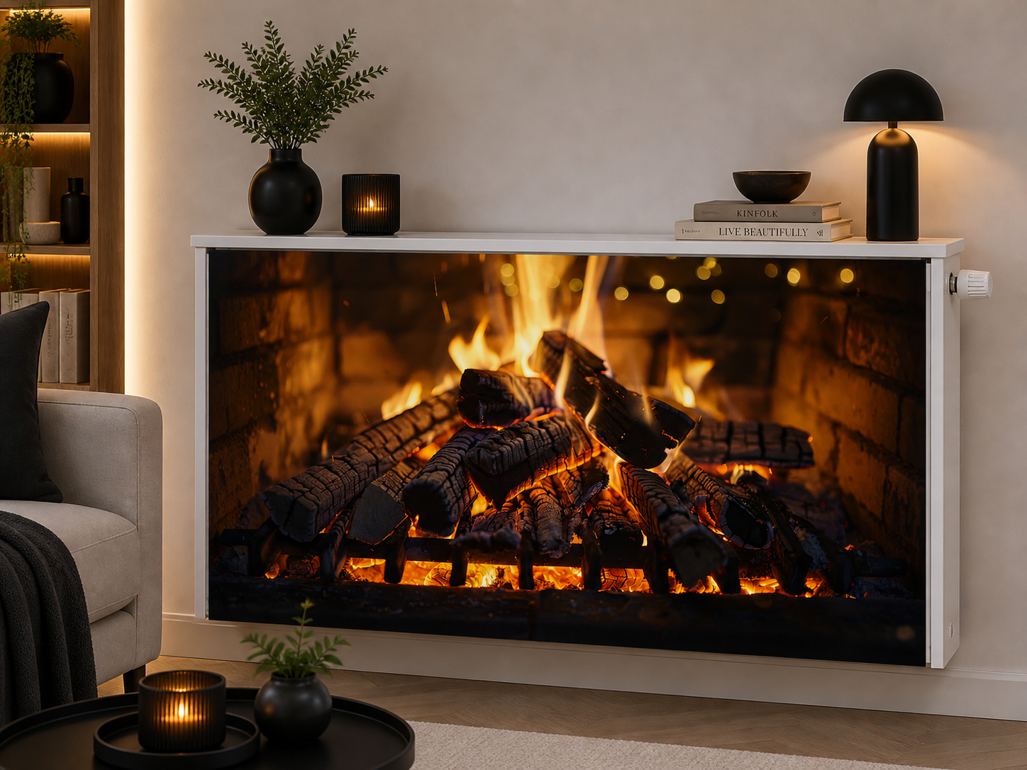 Magnetische Heizkörperverkleidung – Motiv Flammenglut im Wohnraum