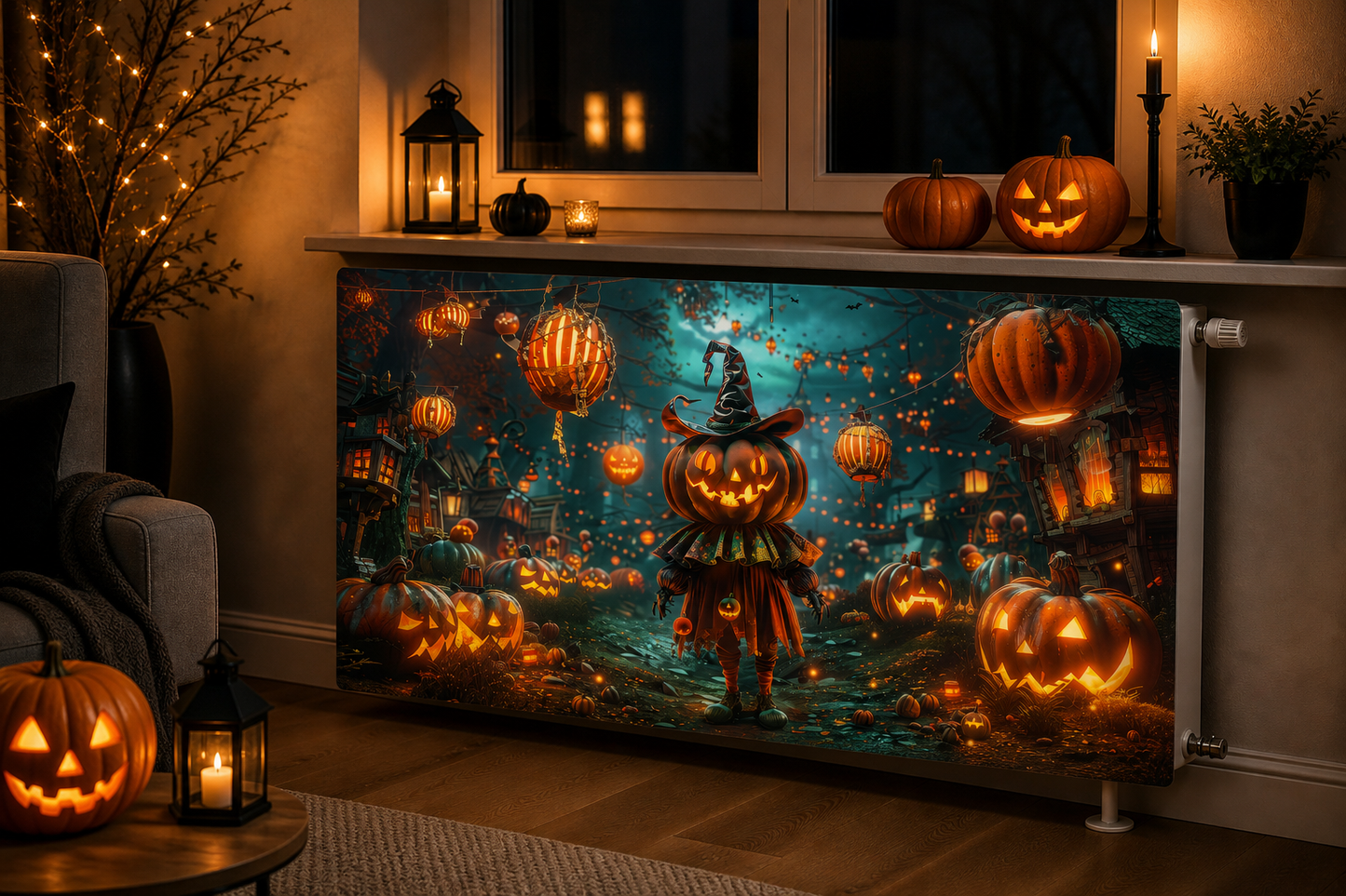 Magnetische Heizkörperverkleidung – Motiv Halloween Spukdorf im Wohnraum