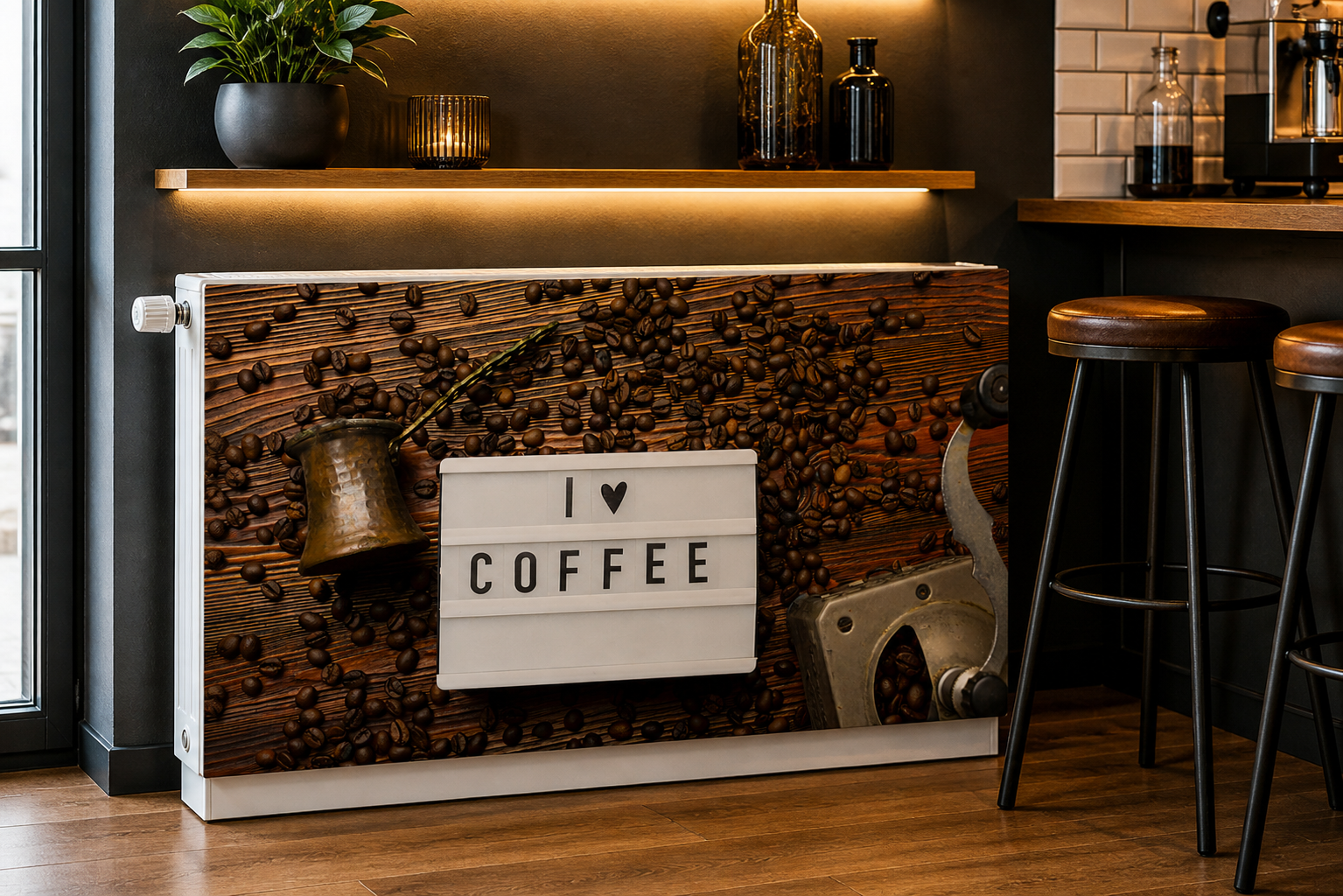 Magnetische Heizkörperverkleidung – Motiv I Love Coffee im Wohnraum