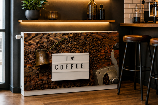 Magnetische Heizkörperverkleidung – Motiv I Love Coffee im Wohnraum