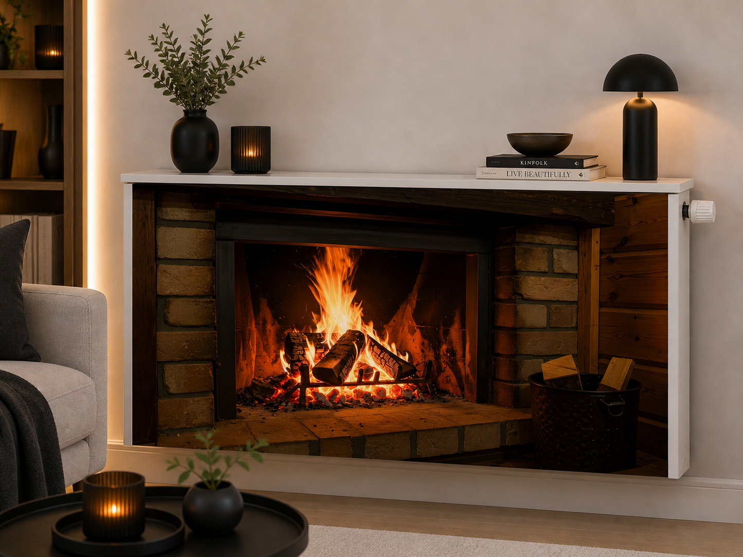 Magnetische Heizkörperverkleidung – Motiv Kaminromantik im Wohnraum