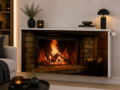 Magnetische Heizkörperverkleidung – Motiv Kaminromantik im Wohnraum