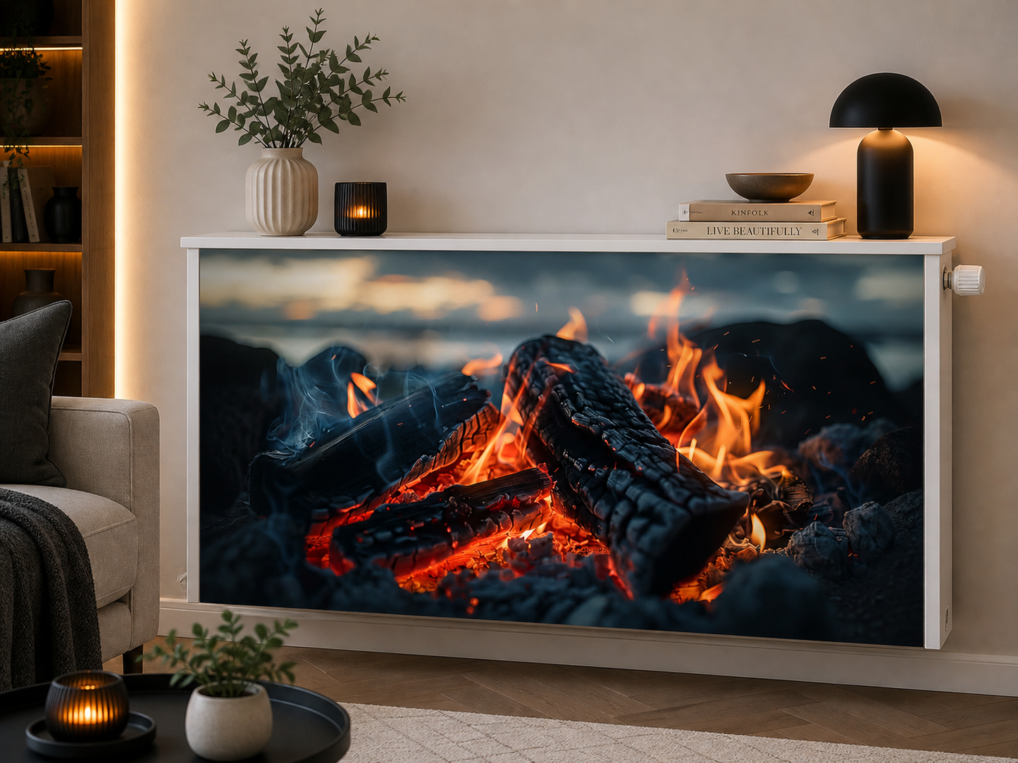 Magnetische Heizkörperverkleidung – Motiv Lagerfeuer im Wohnraum