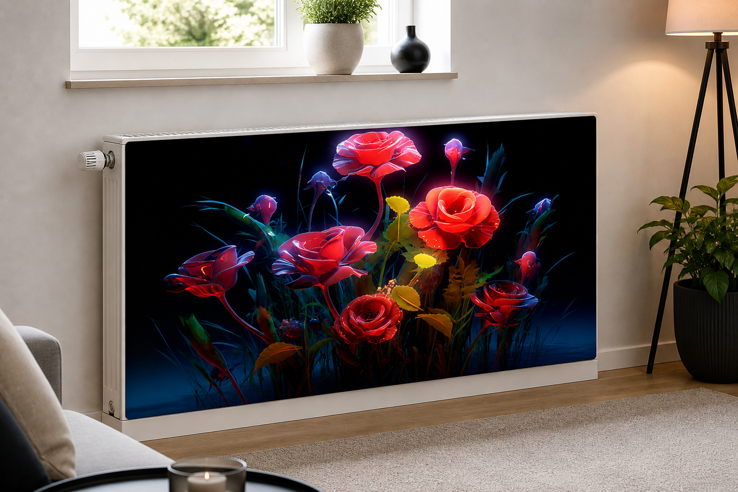 Magnetische Heizkörperverkleidung – Motiv Midnight Roses im Wohnraum