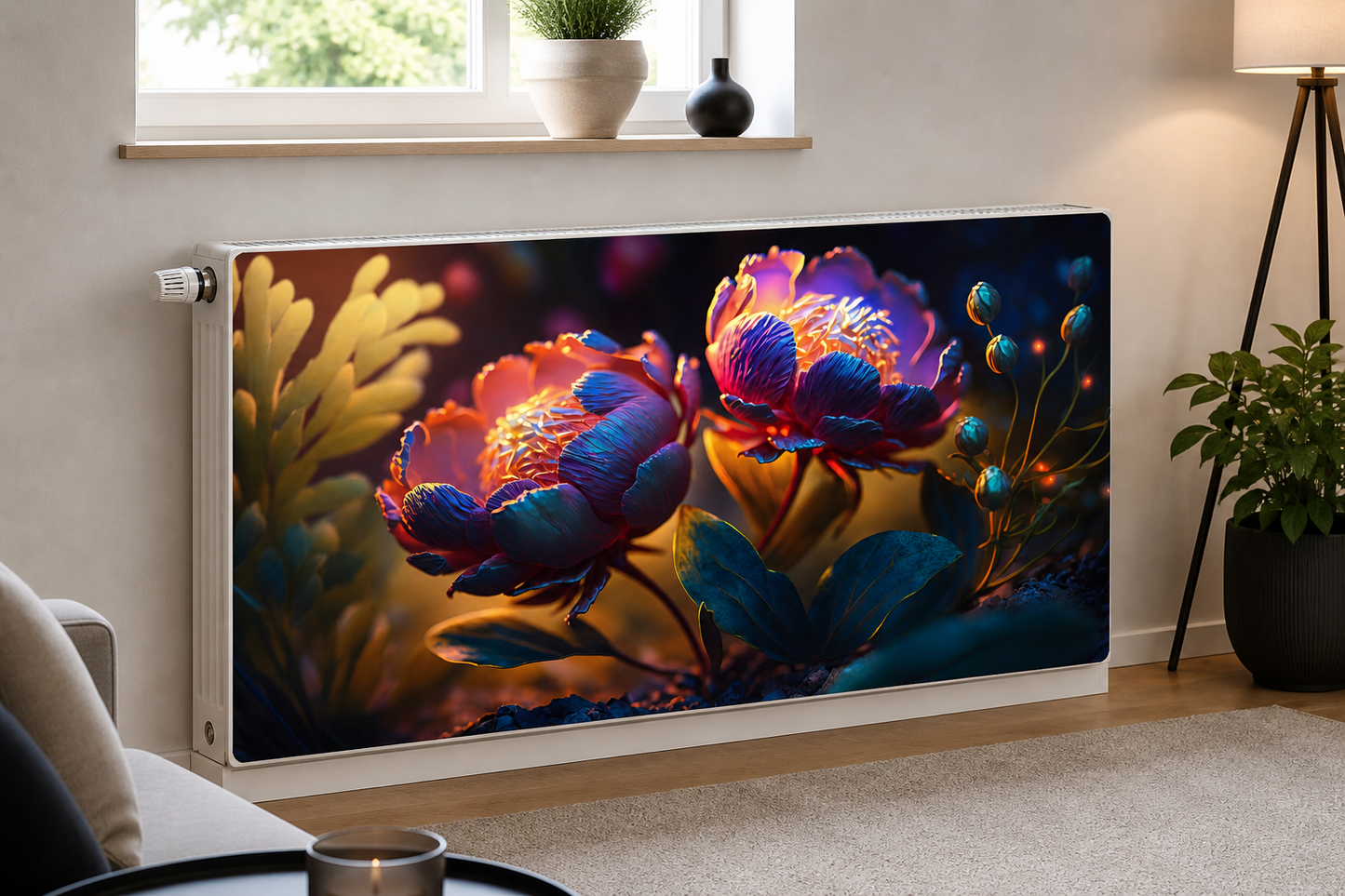 Magnetische Heizkörperverkleidung – Motiv Mystic Bloom im Wohnraum