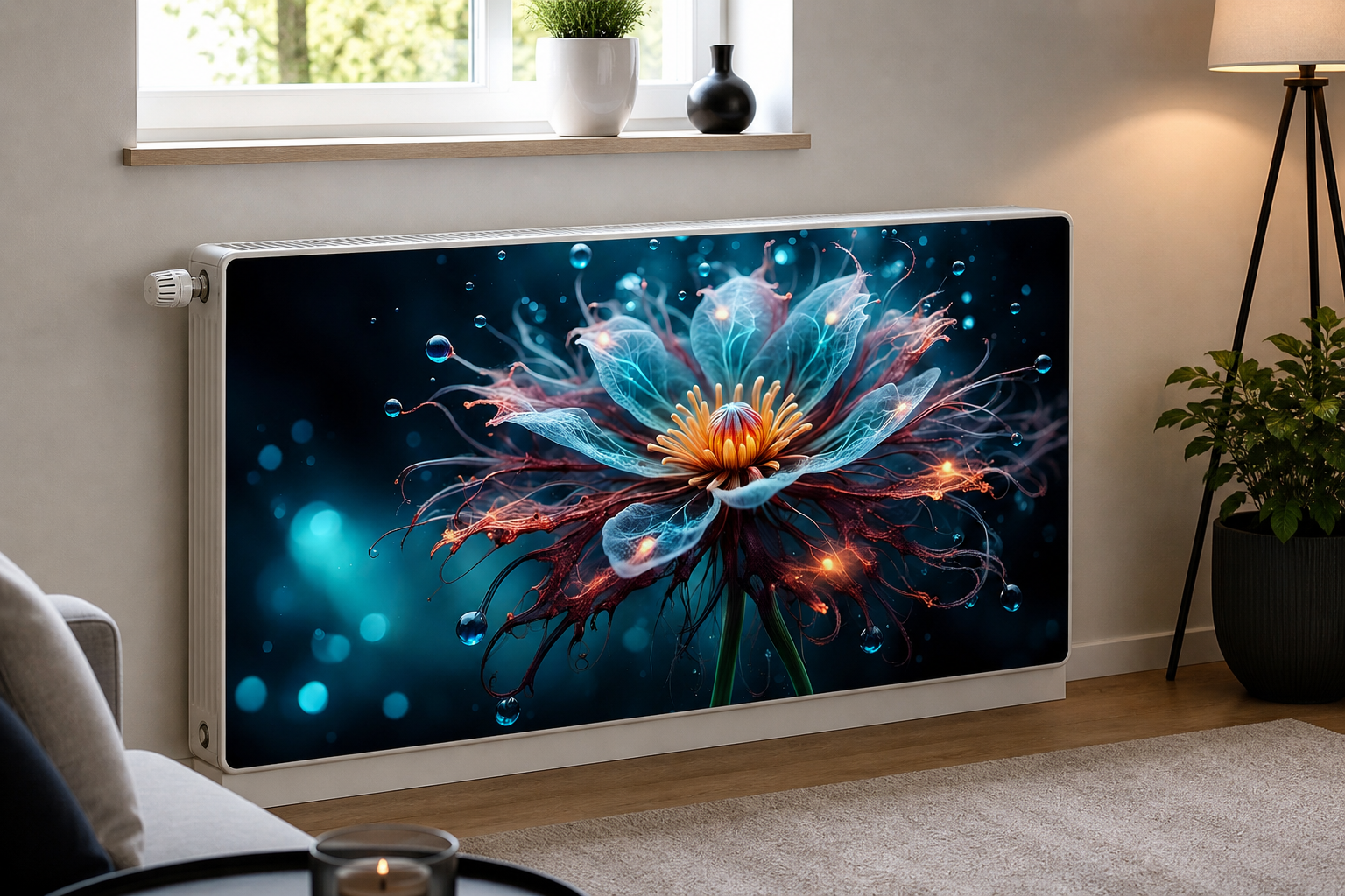 Magnetische Heizkörperverkleidung – Motiv Mystic Flower im Wohnraum
