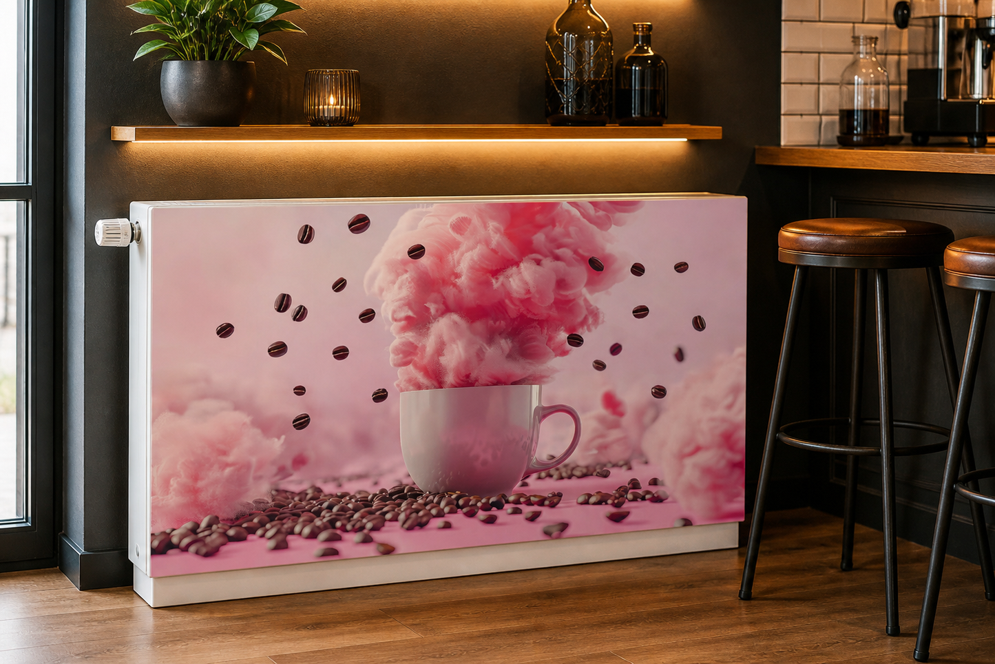 Magnetische Heizkörperverkleidung – Motiv Pink Coffee Dream im Wohnraum