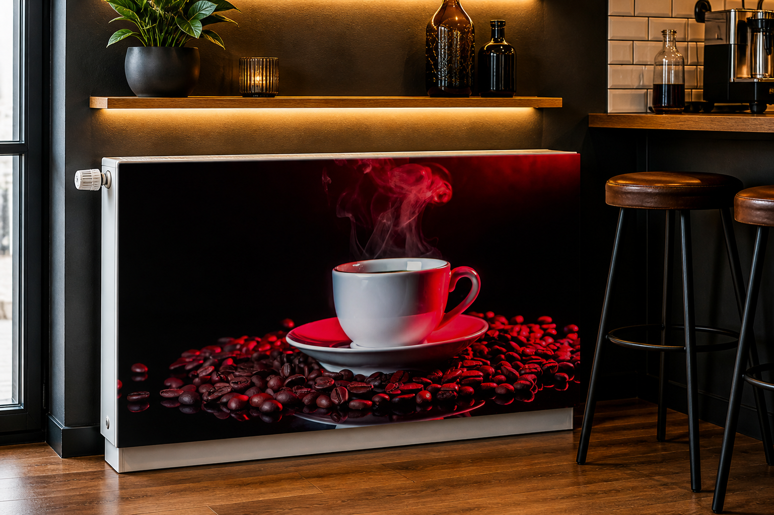 Magnetische Heizkörperverkleidung – Motiv Red Coffee im Wohnraum