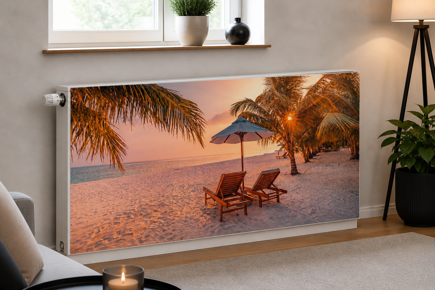 Magnetische Heizkörperverkleidung – Motiv Sunset Paradise im Wohnraum