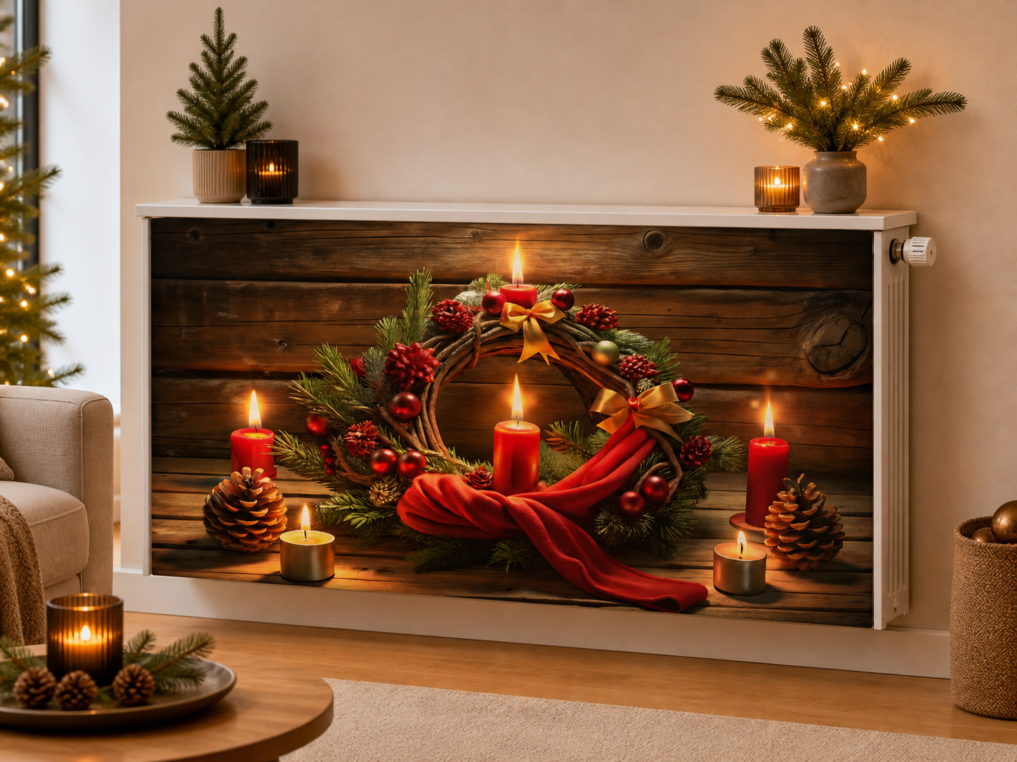 Magnetische Heizkörperverkleidung – Motiv Weihnachtlicher Kerzenschein im Wohnraum