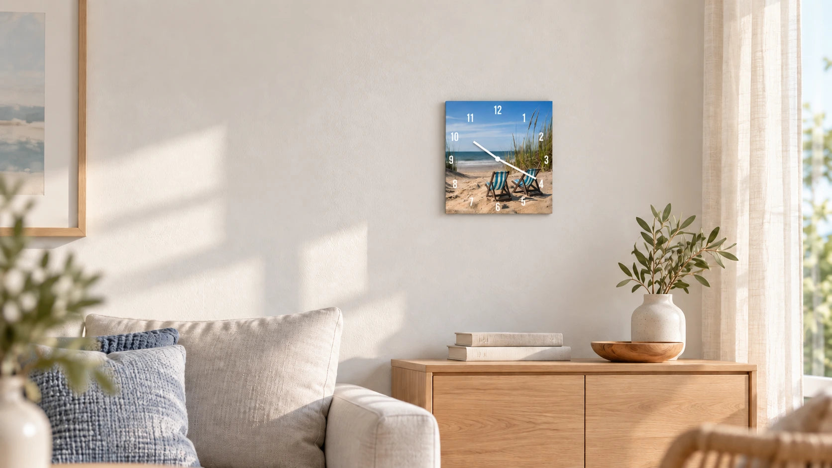 Nordsee-Uhr in kleiner, realistischer Größe über einem Sideboard im hellen Wohnraum