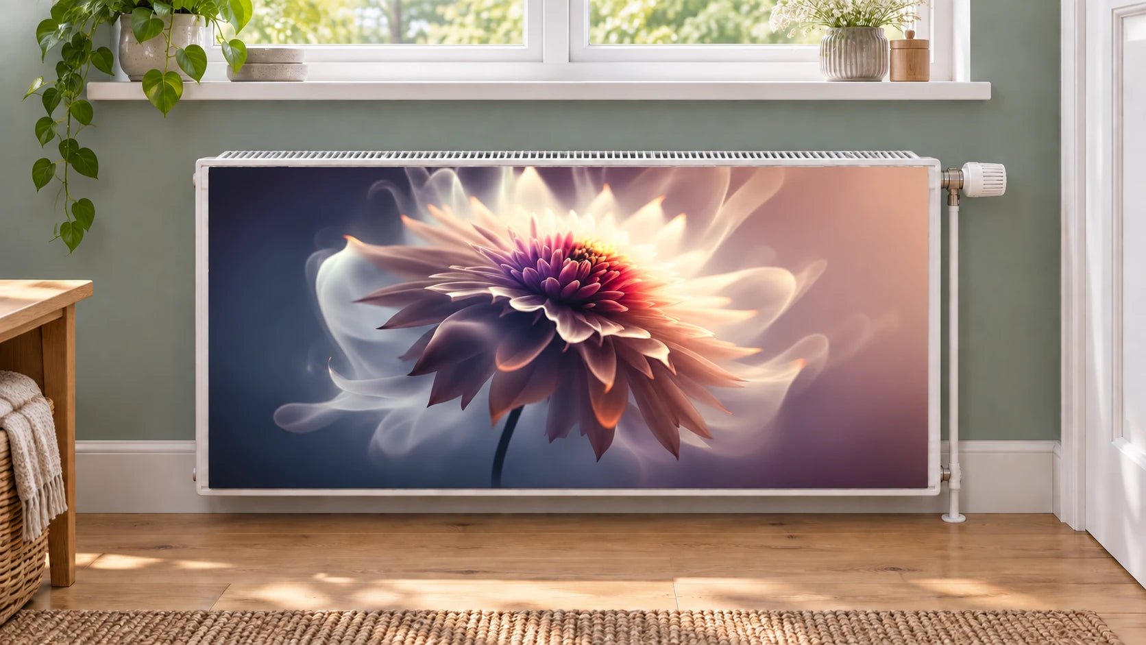 Heizkörper mit Magnetfolie Motiv Blütenlicht unter einem Fenster