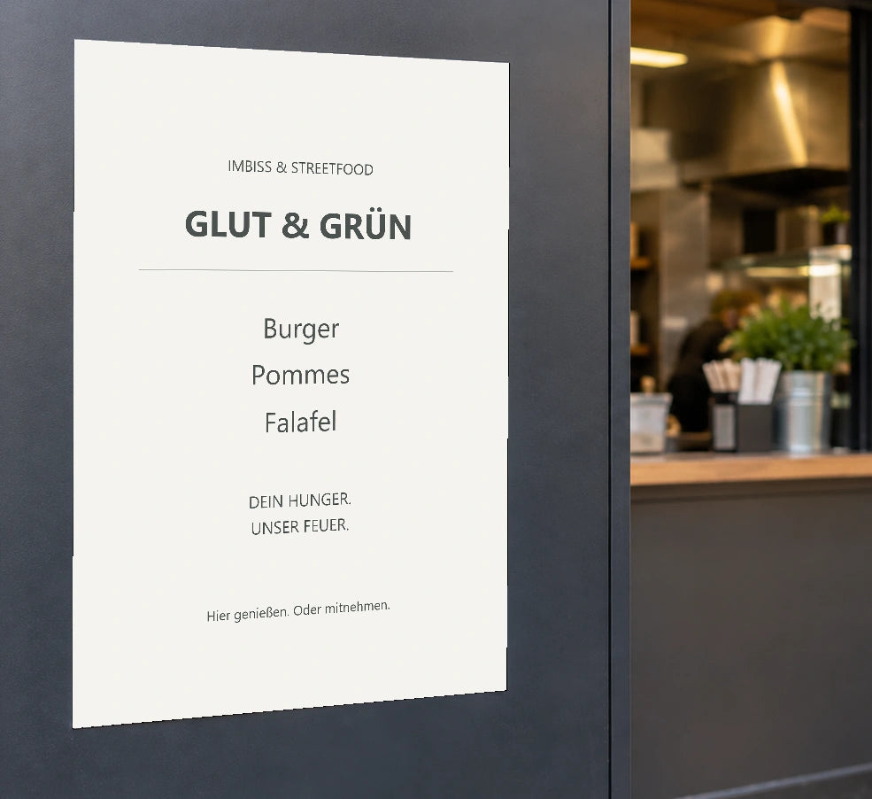 Vorher: schlichtes typografisches Plakat am selben fiktiven Imbiss GLUT & GRÜN