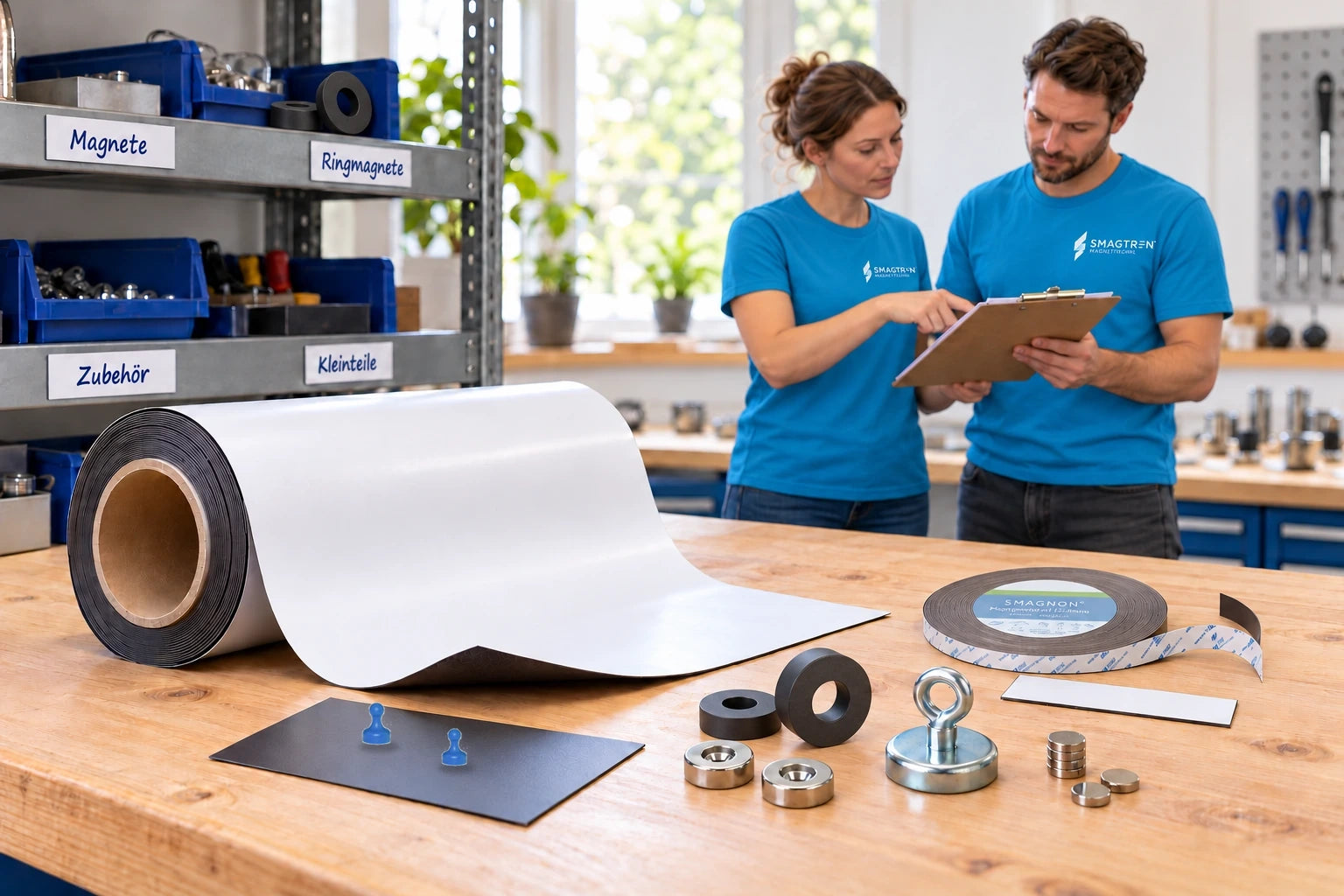 Illustrative Werkbankszene mit Magnetetiketten, Magnetfolie, nicht selbst magnetischer Eisen-/Ferrofolie als Haftgrund für kleine Magnete, Ferrit-Magnetband und Magneten; zwei Personen in hellblauen Smagtron-Shirts besprechen ein Clipboard