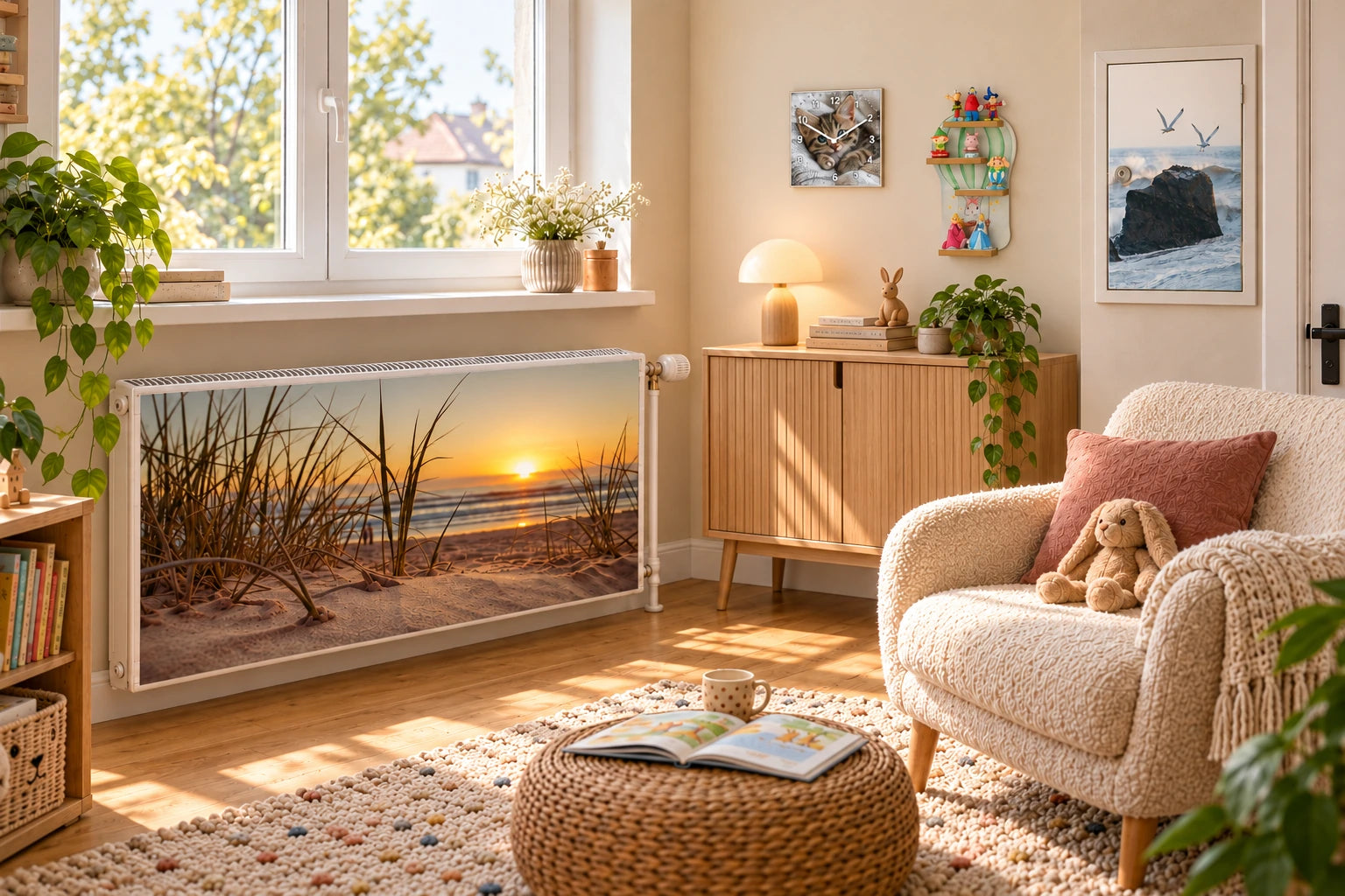 Wohnszene mit Strand-Gras-Heizkörperfolie, Möwen-Stromkastenfolie, Kleine Samtpfote-Motivuhr und kleinem Hase-Figurenregal; Einrichtung als Kulisse